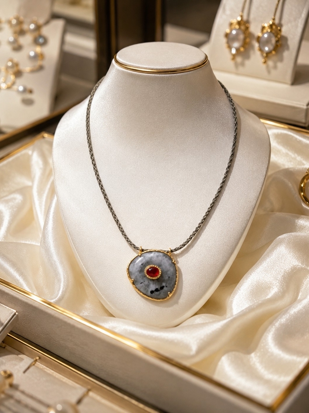 Gold-Trimmed Gray Agate Pendant Necklace with Red Accent